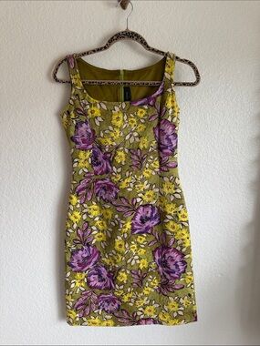 St. John Olive Floral Sheath Dress with Purple & Yellow Blooms